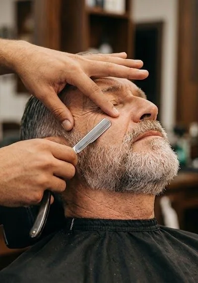 Barbero perfilando con navaja la barba canosa de un cliente